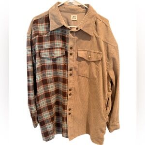 Oversized Stylish Plaid and Corduroy Button Down Shirt